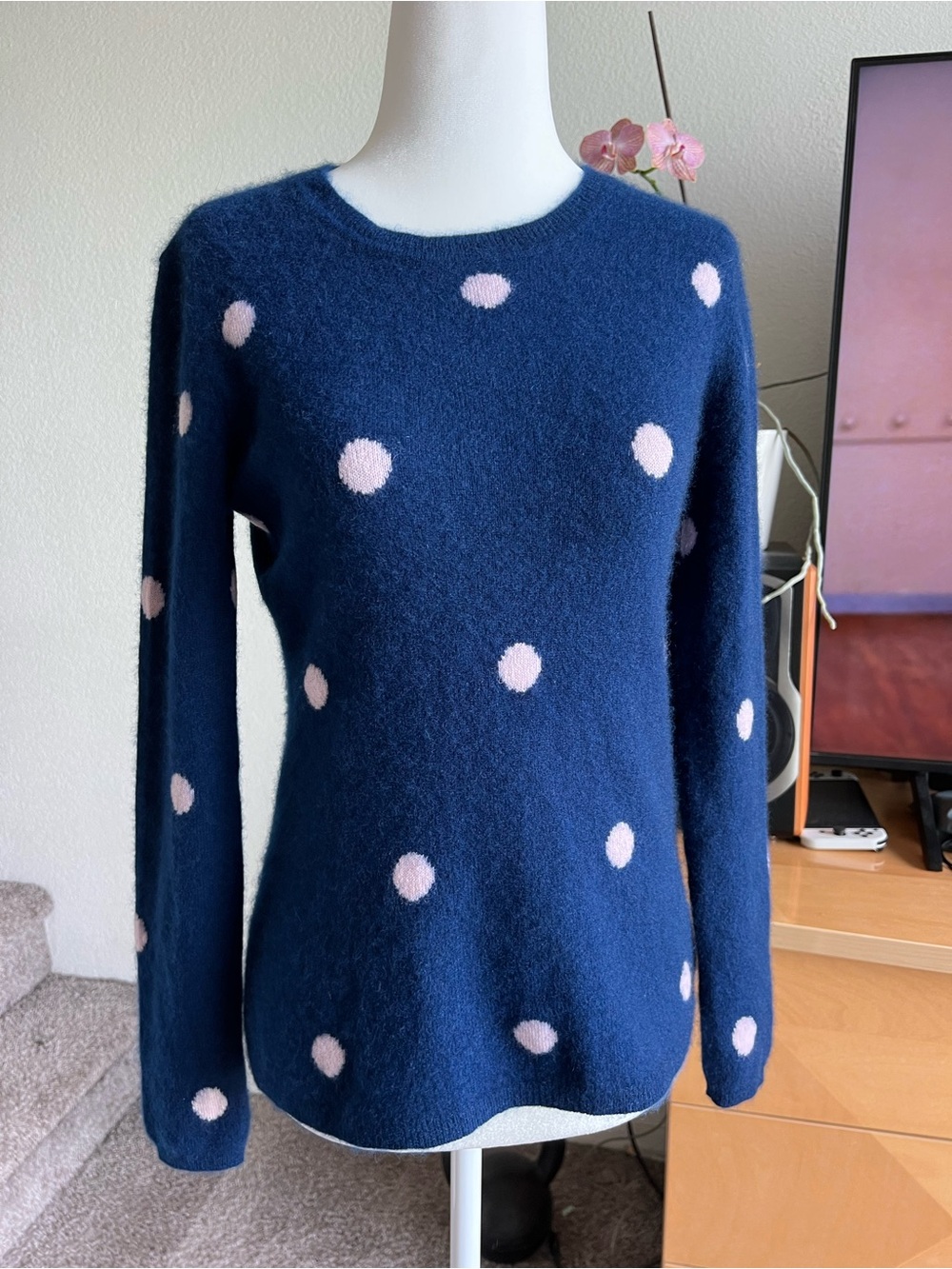 Qi Cashmere Women’s Blue/Pink Polka Dot Cashmere Knit Crewneck Sweater XS